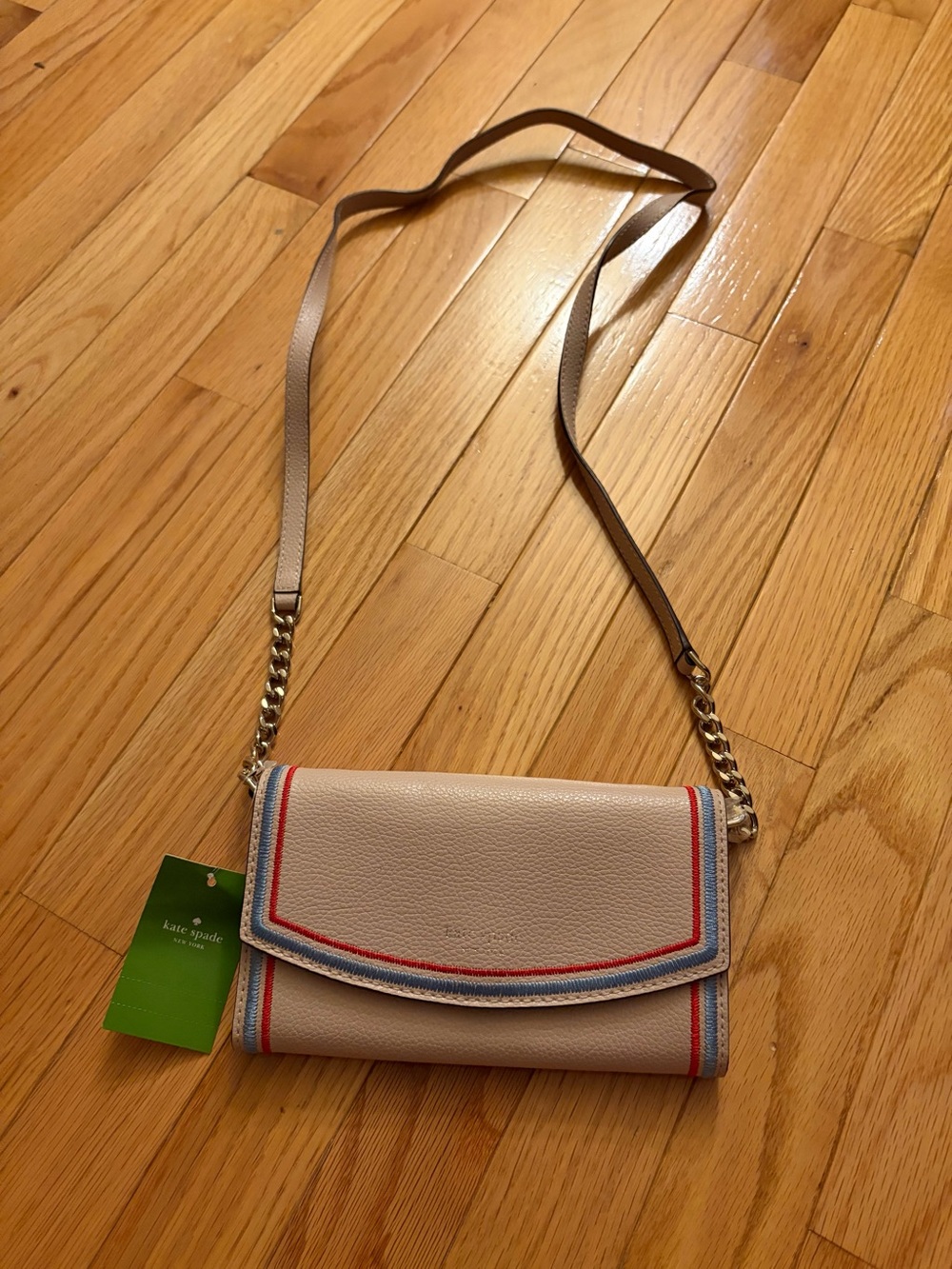 kate spade Cream Leather Crossbody with Red & Blue embroidered Trim